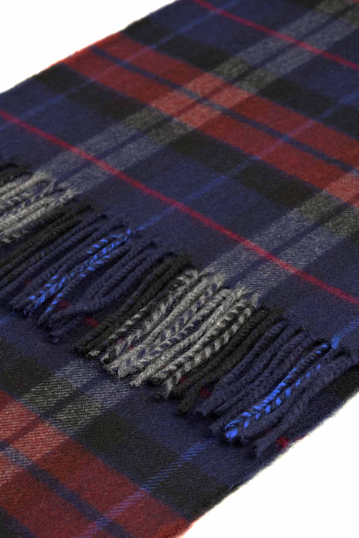 Kuuhi Kaschmirschal Sligachan Blau-Rot-Tartan — Querformat, Tartan-Webmuster