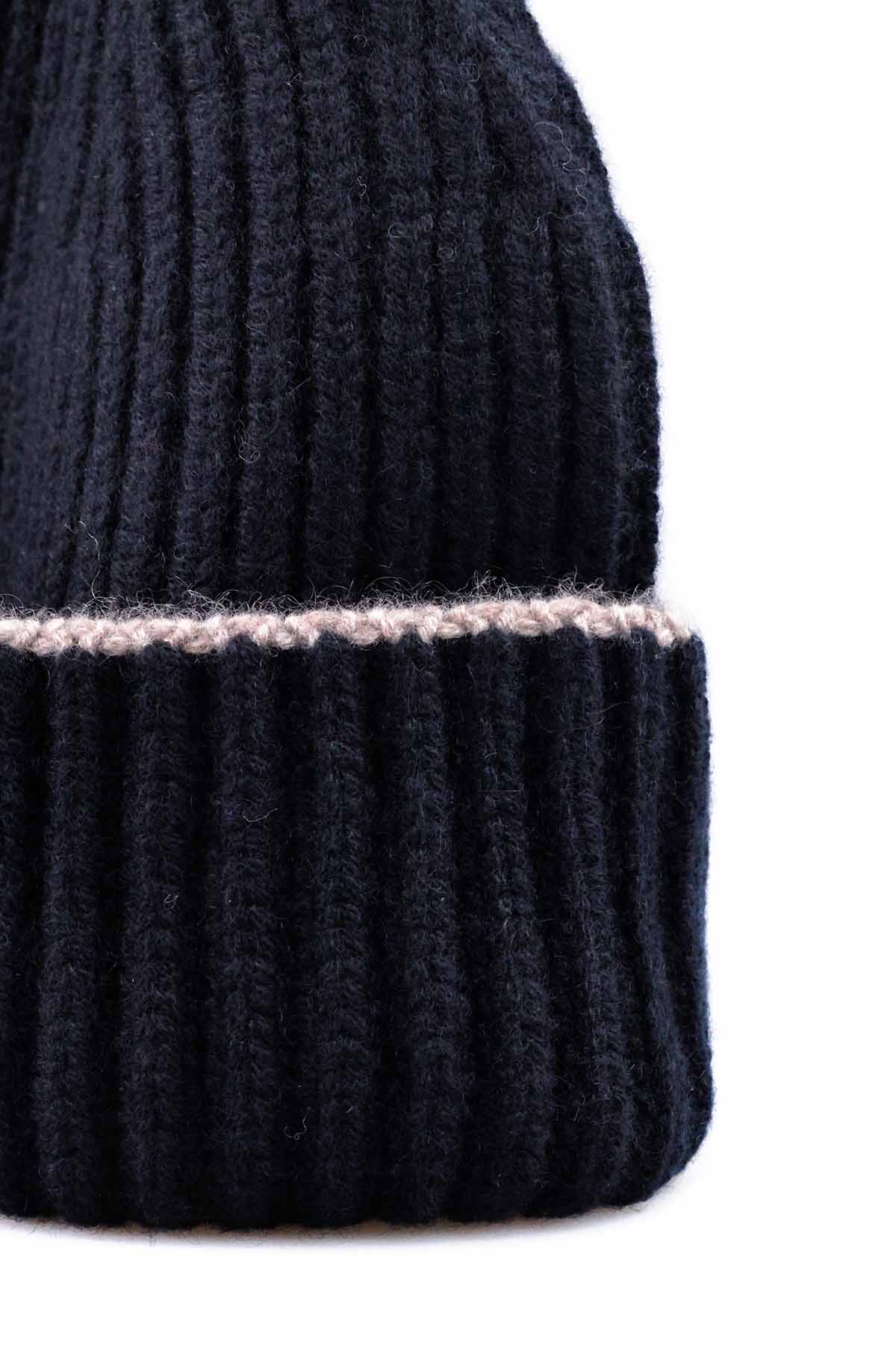 Kaschmir Mütze Chunky Gerippte Schwarz Creme