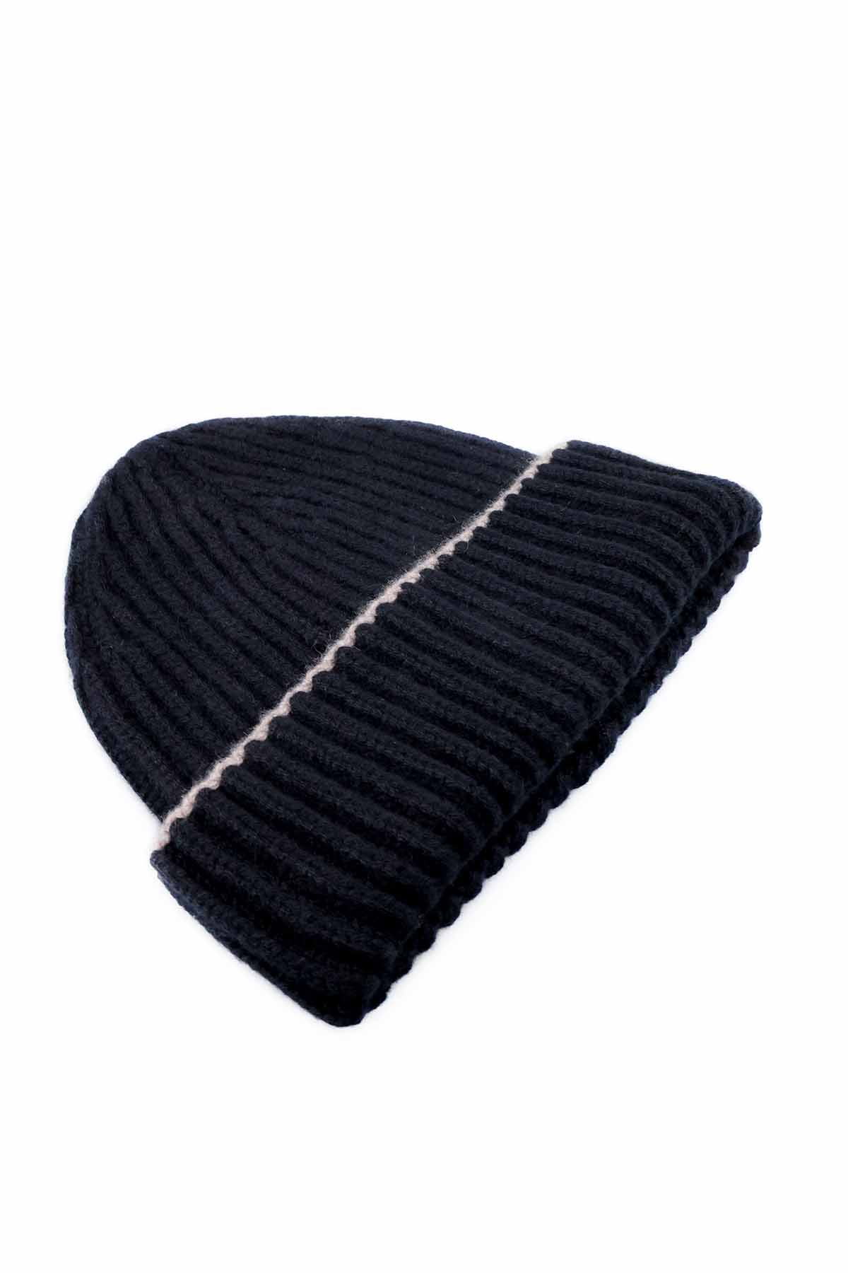 Kaschmir Mütze Chunky Gerippte Schwarz Creme