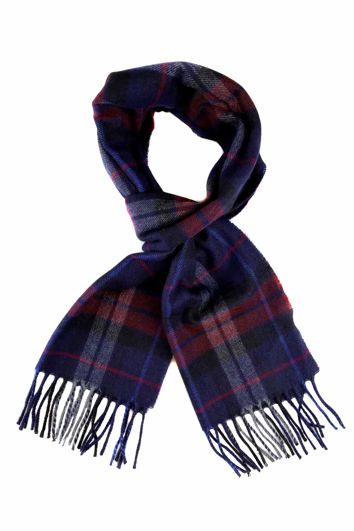 Kuuhi Kaschmirschal Sligachan Blau-Rot-Tartan — Gesamtansicht, 100% Kaschmir