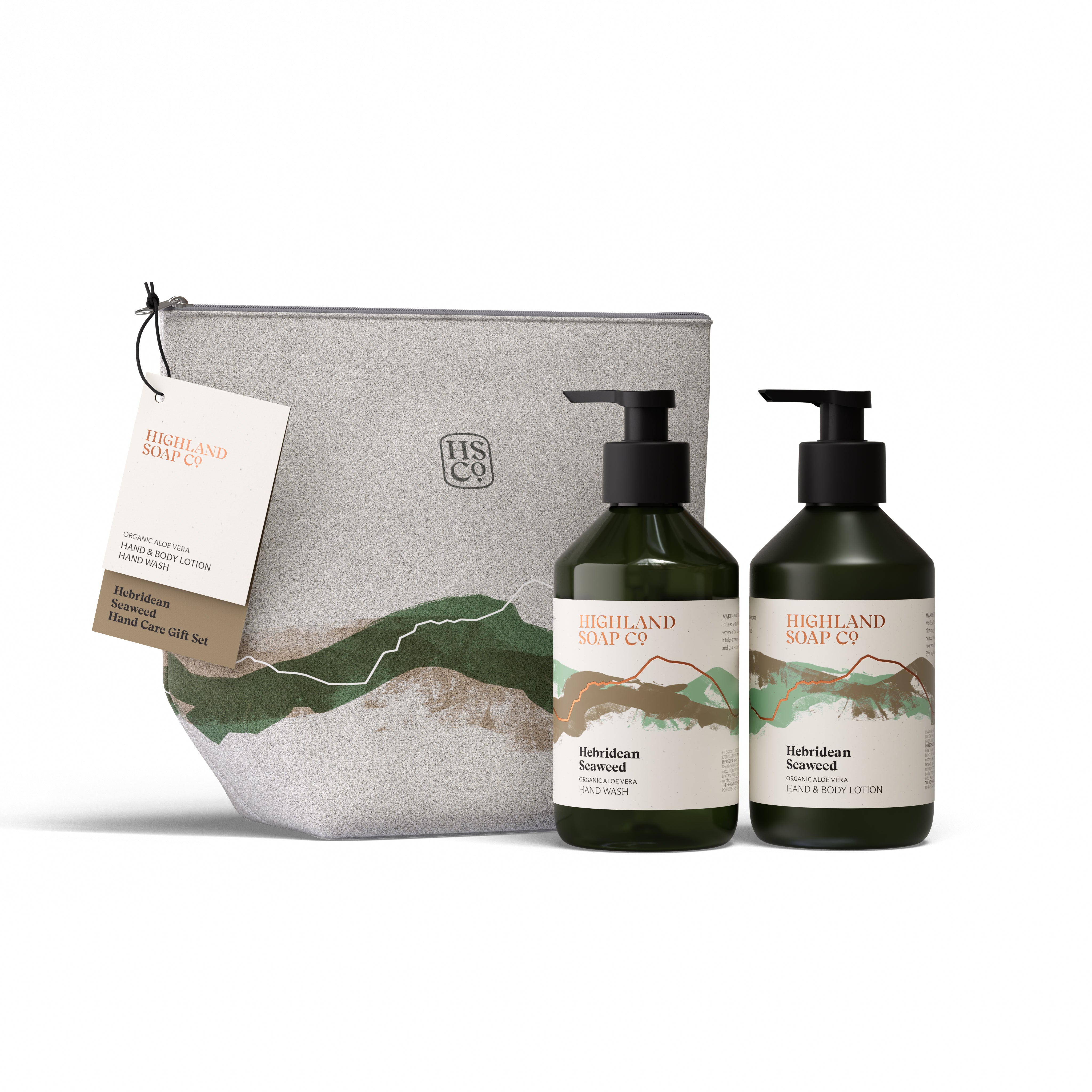 Highland Soap Company Handpflege-Geschenkset Hebridean Seaweed — Leinentasche mit Flüssigseife und Lotion, Made in Scotland