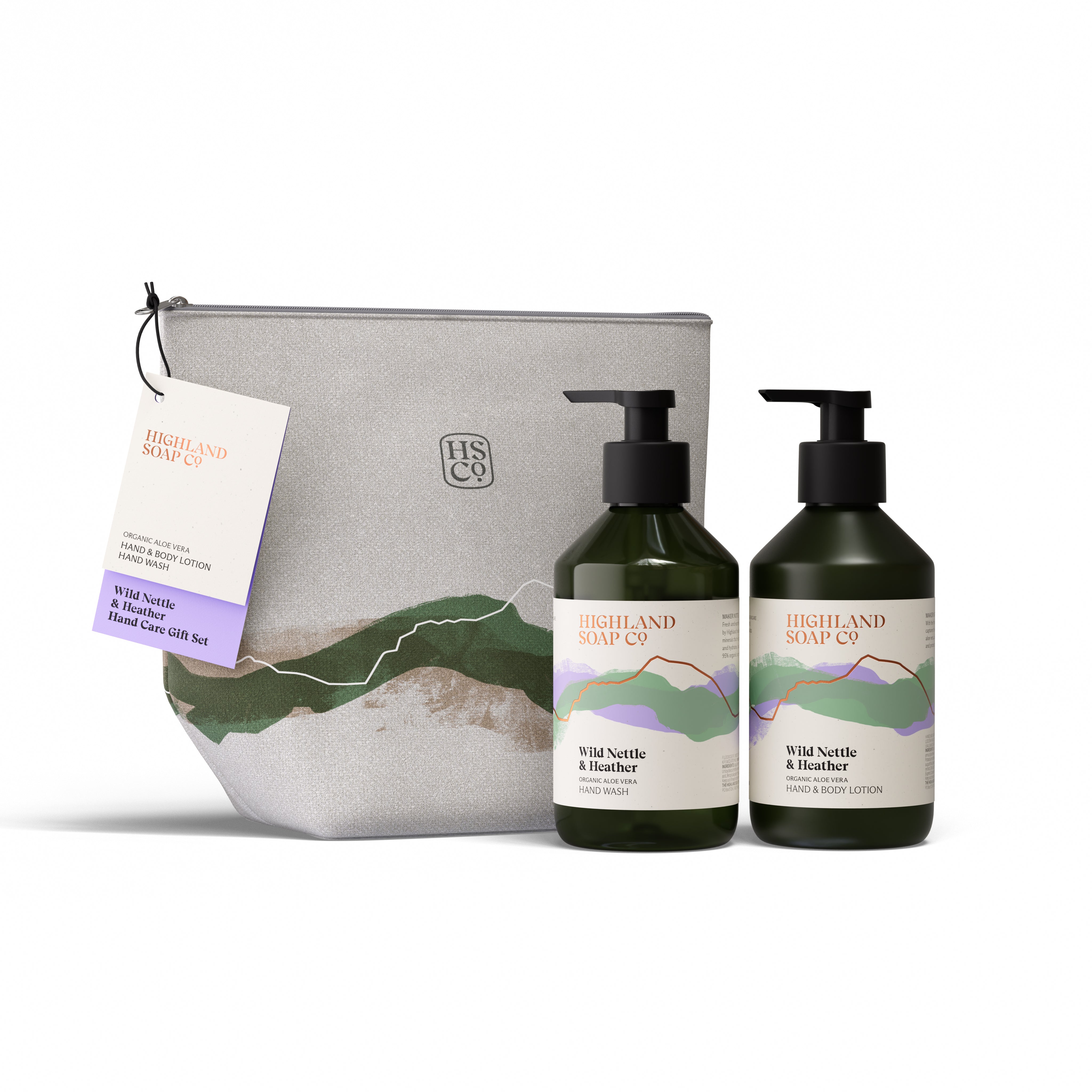 Highland Soap Company Handpflege-Geschenkset Wild Nettle & Heather — Leinentasche mit Flüssigseife und Lotion, Made in Scotland