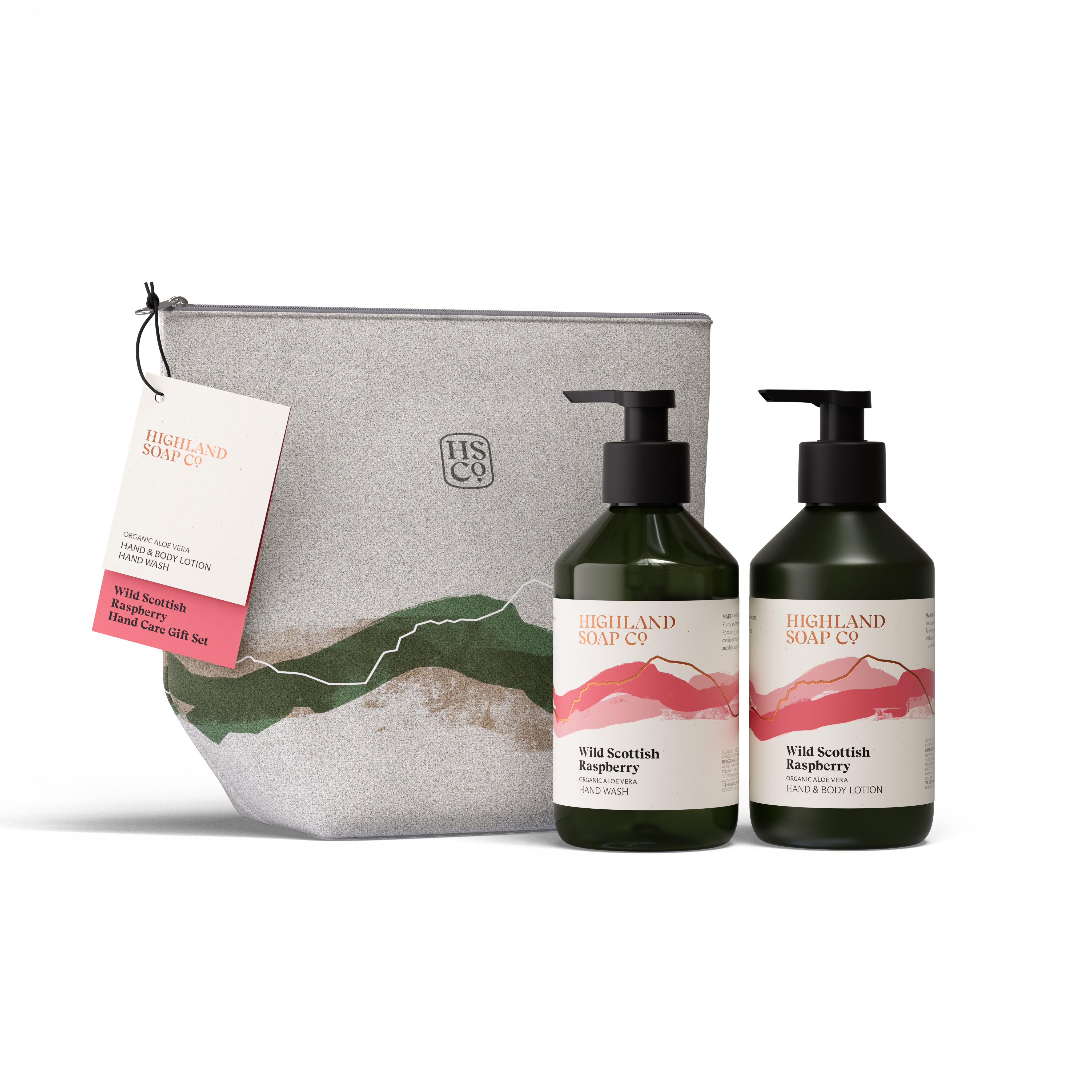 Highland Soap Company Handpflege-Geschenkset Wild Scottish Raspberry — Leinentasche mit Flüssigseife und Lotion, Made in Scotland