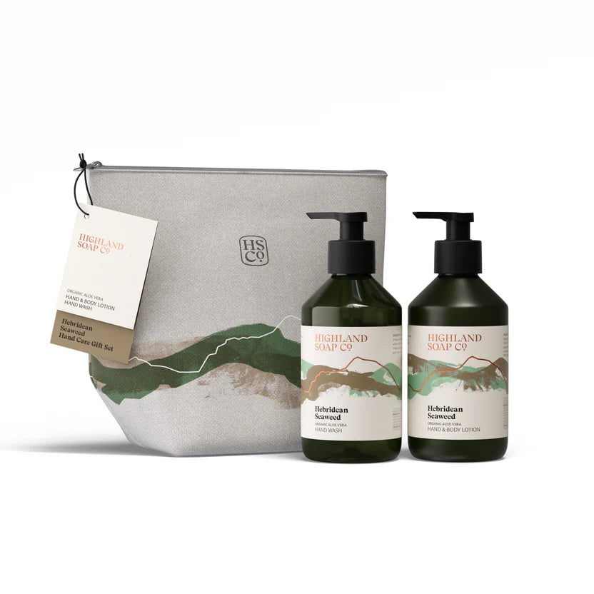 The Highland Soap Company Handpflege-Geschenkset Hebridean Seaweed — Bio-Flüssigseife und Hand- & Körperlotion im handgenähten Leinen-Waschbeutel, Made in Scotland