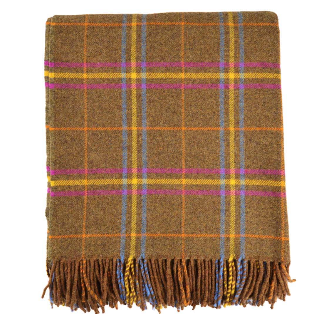 Schottische Wolldecke mit Lavendel Duft Schurwolle  Brown tartan Rosa Hellblau Gelb 