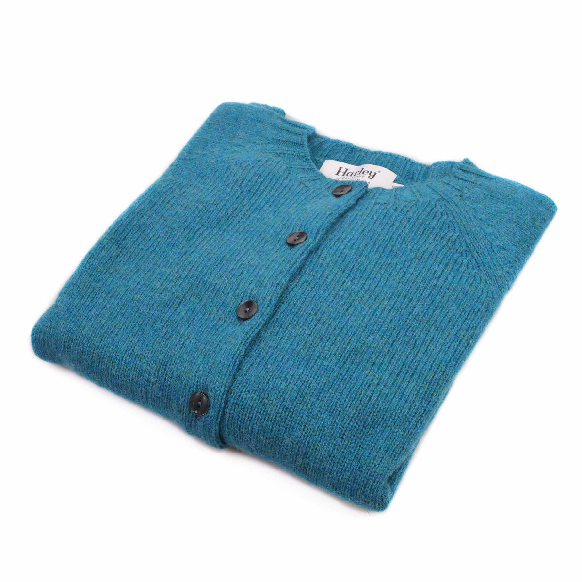 Harley of Scotland Damen Strickjacke Aqua Blau — gefaltet, 2-faedige Reine Schurwolle in Luskentyre-Tuerkis