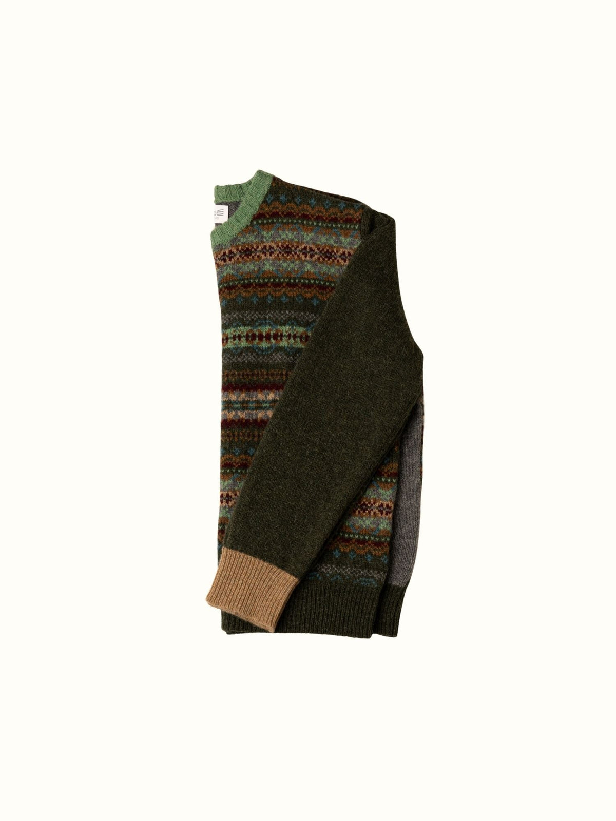Eribé Westray Block Pullover Aberfoyle Dunkelgrün flach gelegt Vorder- und Rückseite
