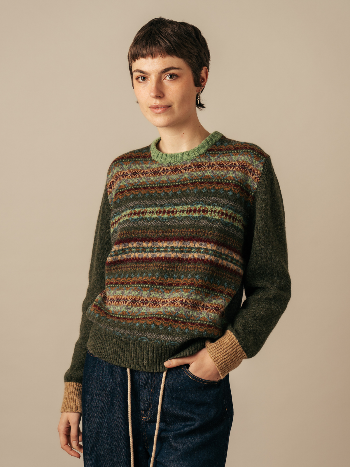 Eribé Westray Block Pullover Aberfoyle Dunkelgrün Fairisle Damen Modell kastenförmig