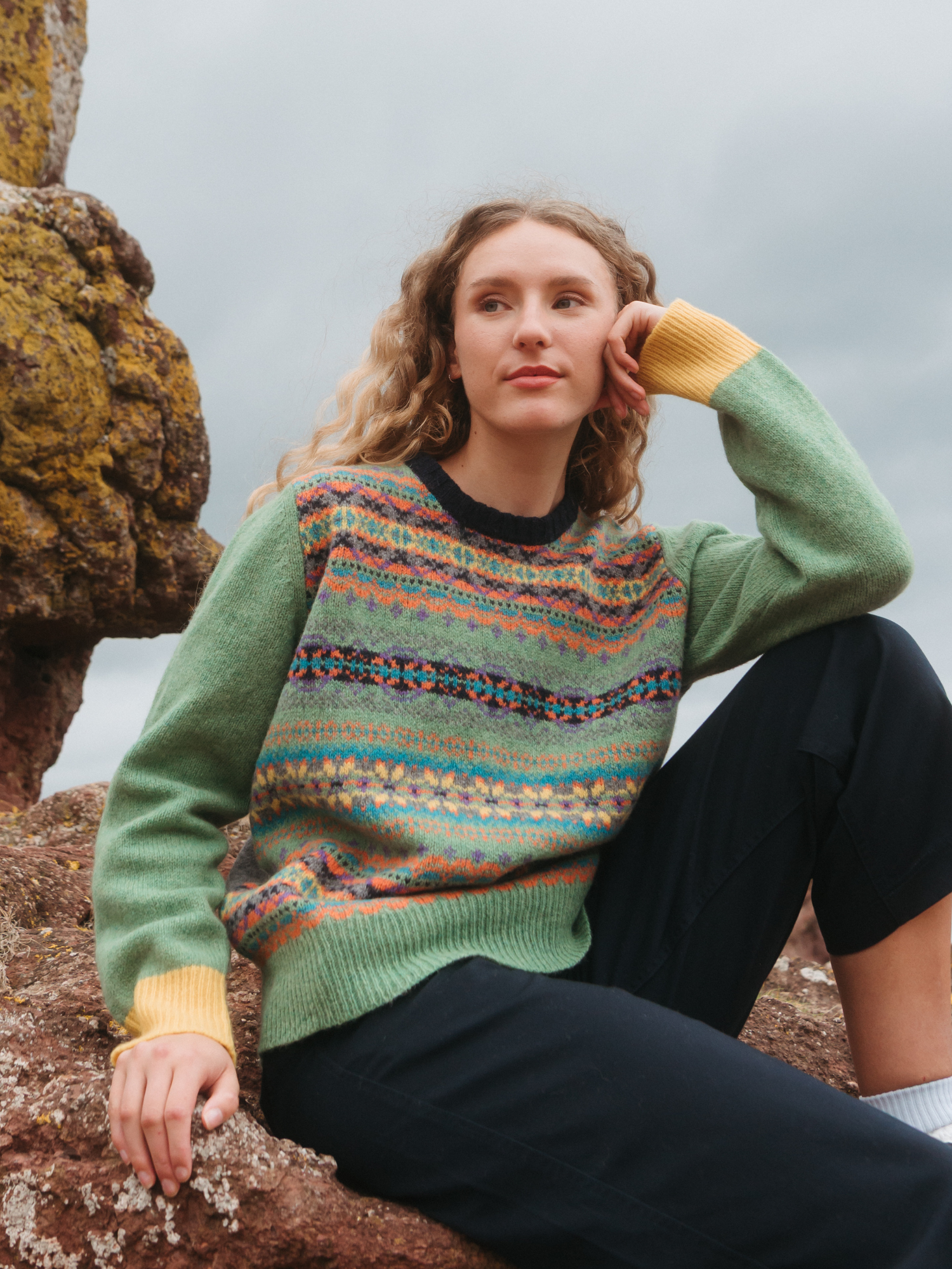 Eribé Westray Block Pullover MacDuff Grün Fairisle Damen Modell kastenförmig