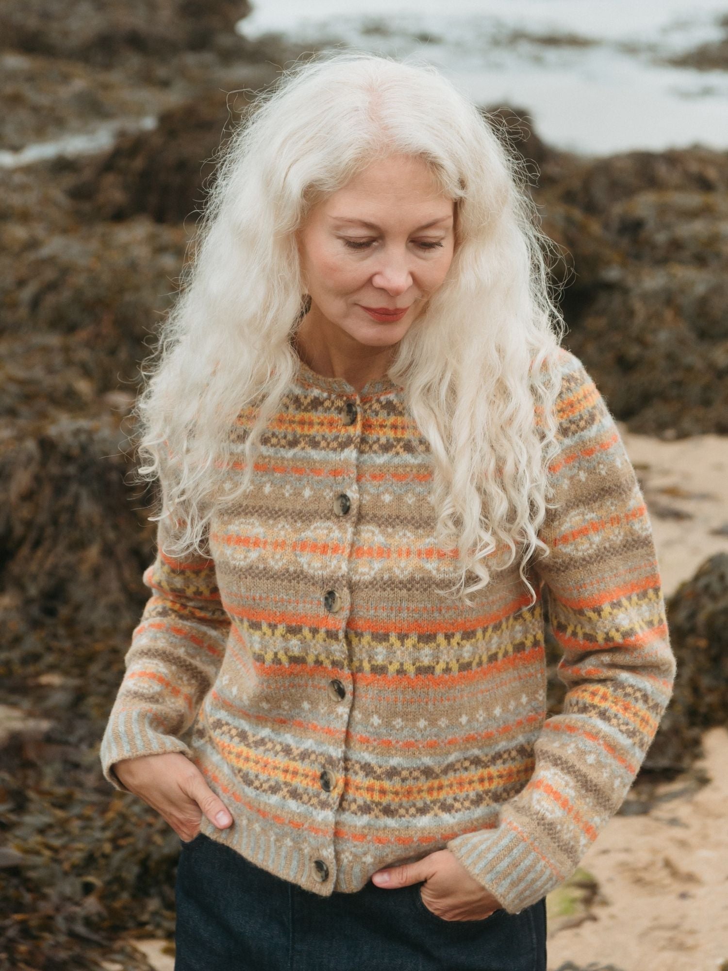 Eribé Westray Strickjacke Huntley Beige Orange Fairisle Damen Modell