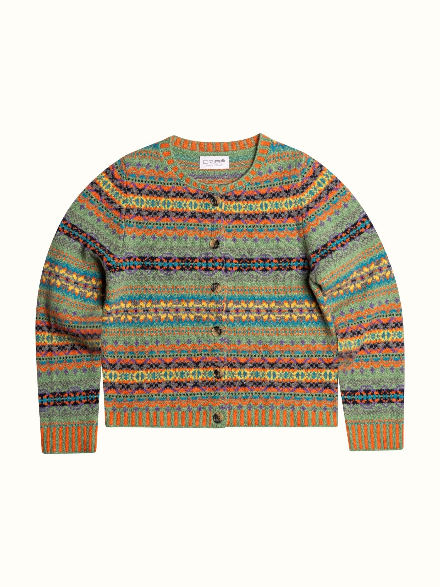 Eribé Westray Strickjacke MacDuff Grün Orange flach gelegt Vorderansicht