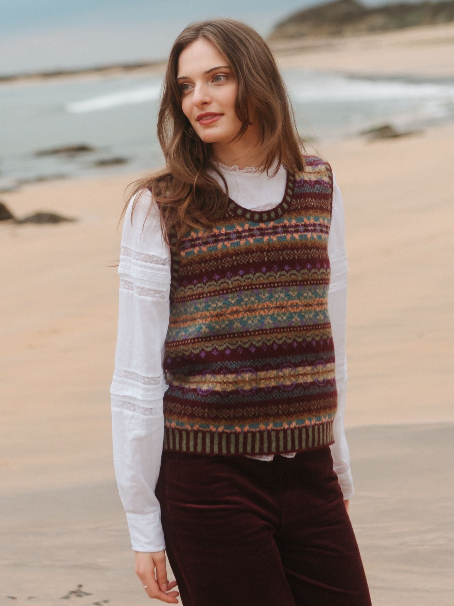 Eribé Westray Weste Erica Lila Burgund Fairisle Damen Modell ärmellos