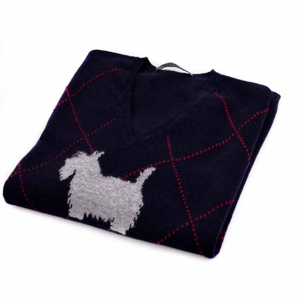 William Lockie Damen Geelong Pullover V-Ausschnitt Scottish Dog Marine