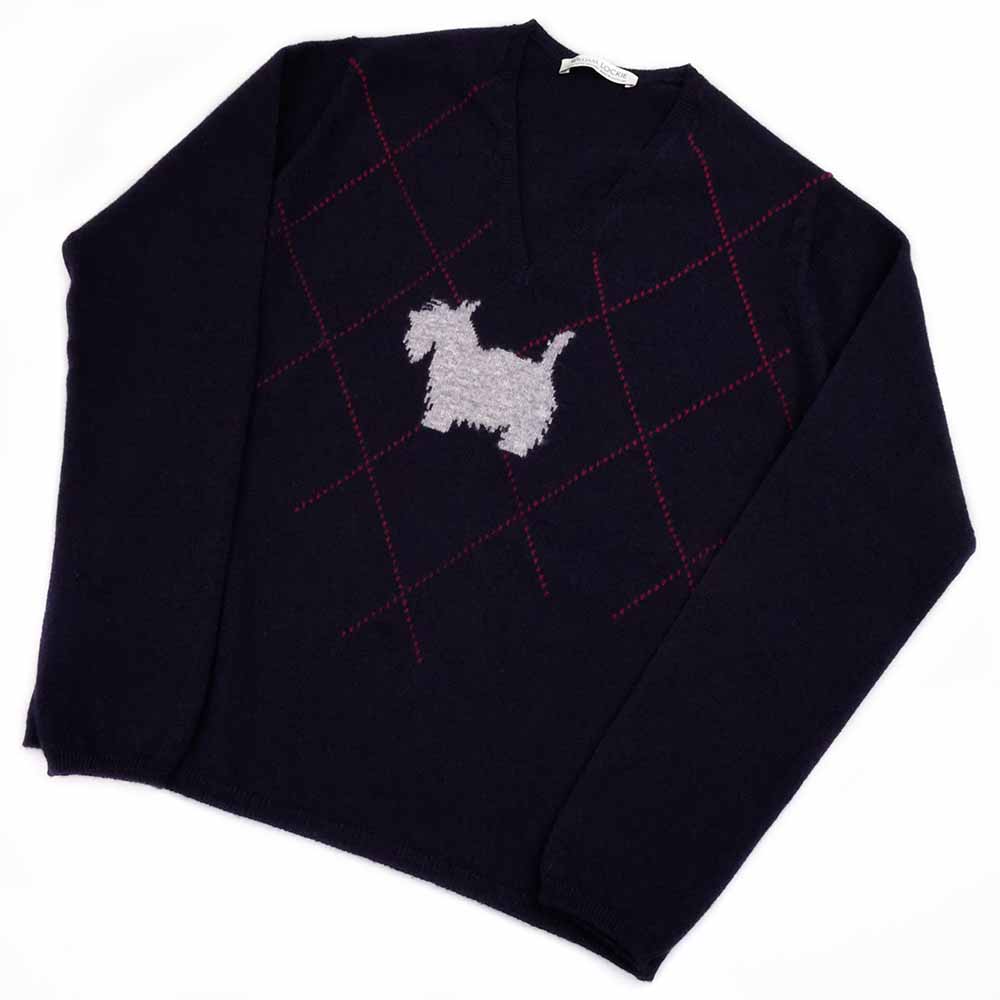 William Lockie Damen Geelong Pullover V-Ausschnitt Scottish Dog Marine