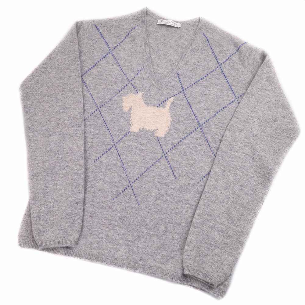 William Lockie Damen Geelong Pullover V-Ausschnitt Scottish Dog Silber
