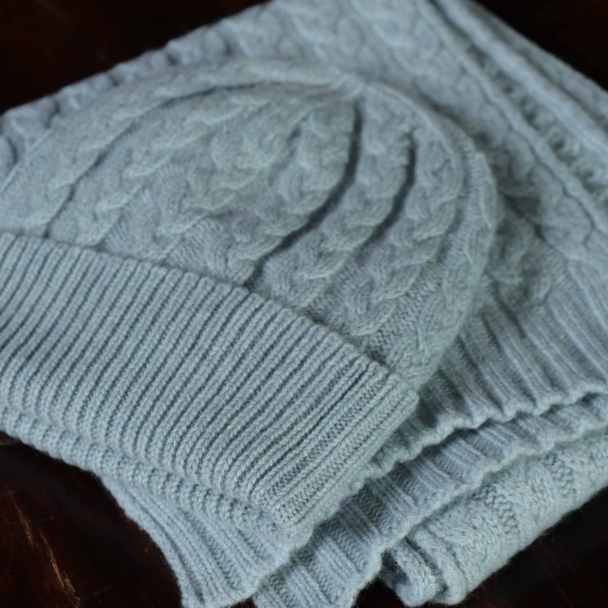 William Lockie Cashmere Hat, Silver and Blue — Full View, 100% cashmere, Made in Scotland