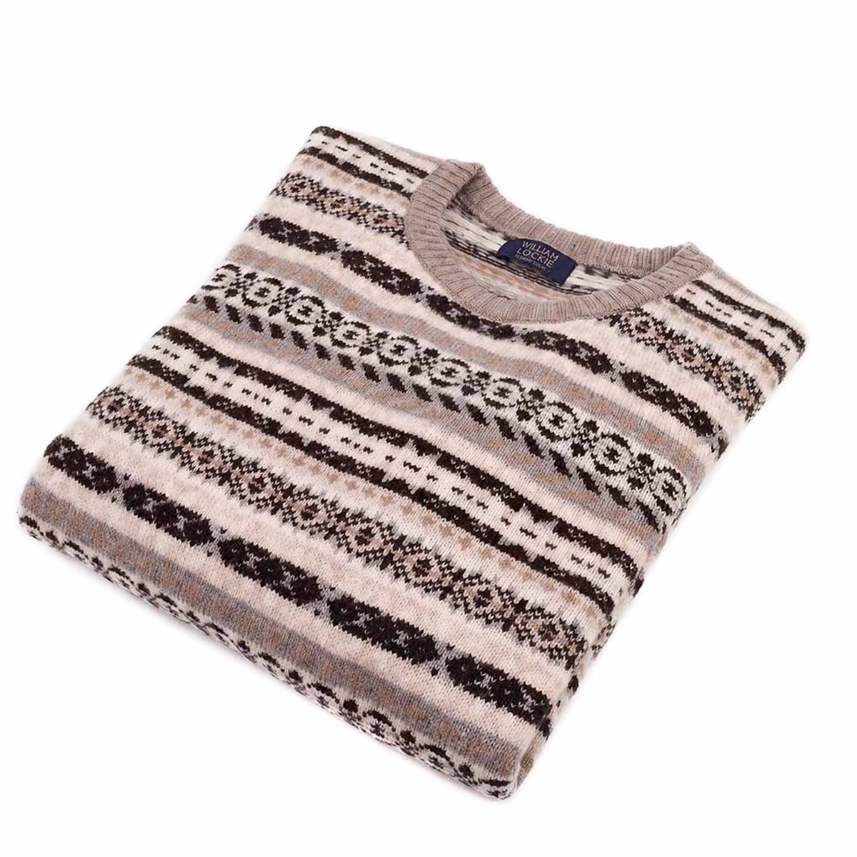 William Lockie Herren Geelong Fairisle Pullover Rundhalsausschnitt Beige