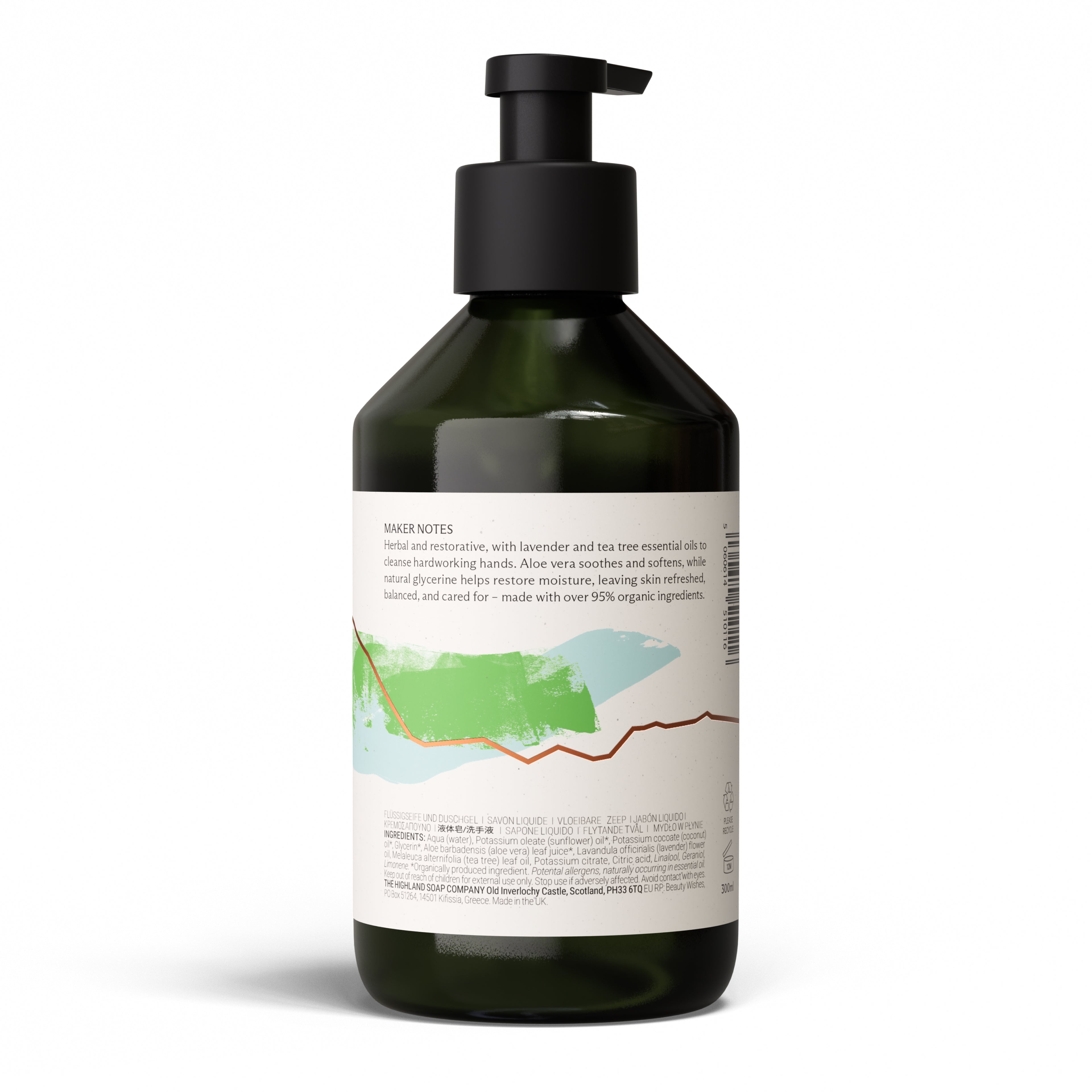Highland Soap Company Gardener's Remedy Flüssigseife 300ml — Rückseite mit Inhaltsstoffen, Made in Scotland