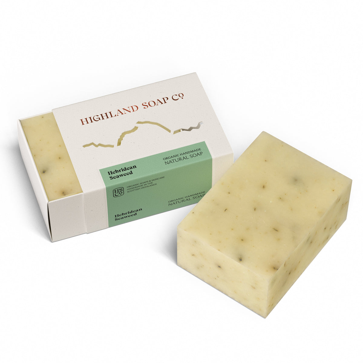 The Highland Soap Company Handgemachte Seife Hebridean Seaweed 190g — Frontansicht, Meeresalgen-Kelp und Pfefferminze, Made in Scotland