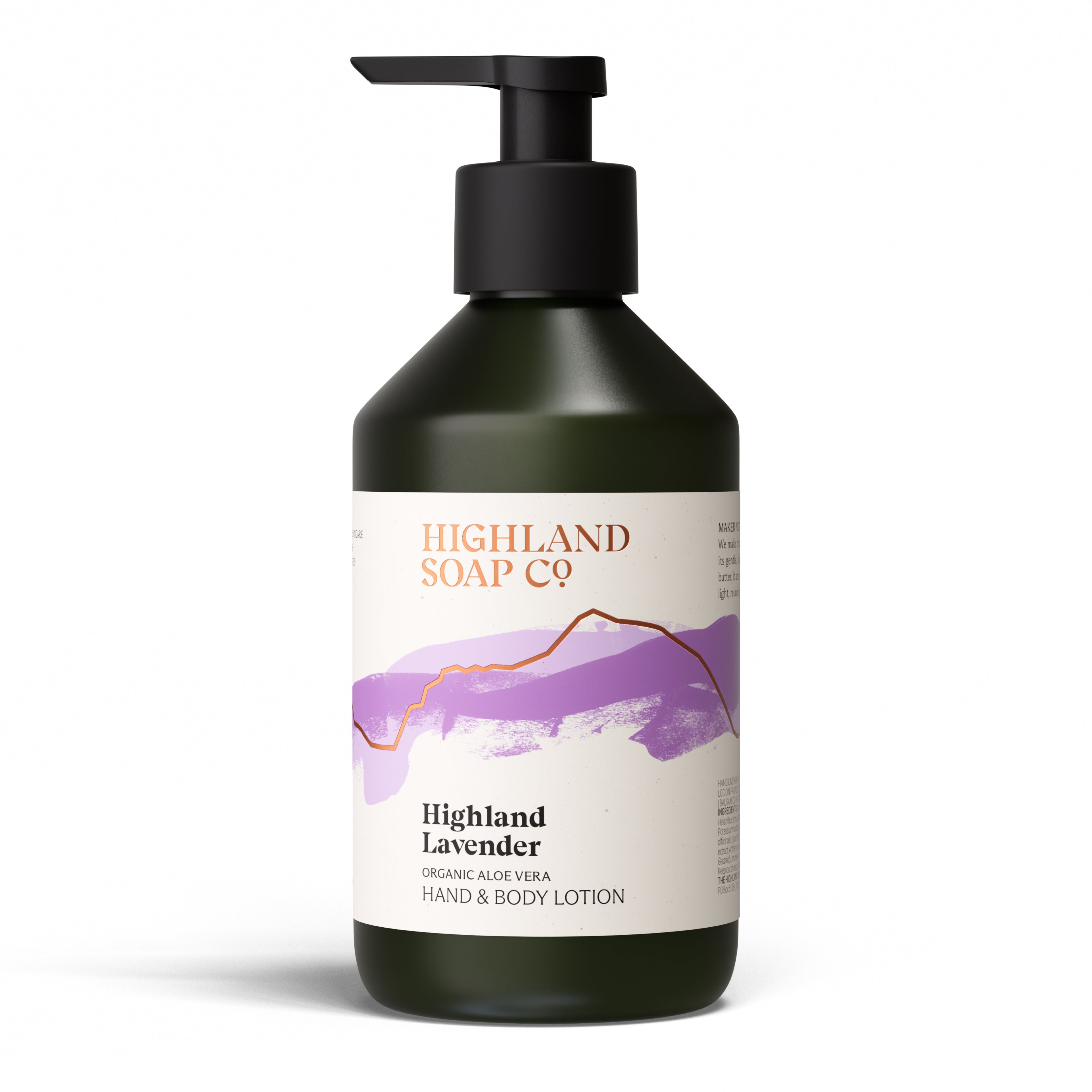 The Highland Soap Company Hand- & Körperlotion Highland Lavendel 300 ml — Vorderseite der Flasche mit reinem ätherischem Lavendelöl, Made in Scotland
