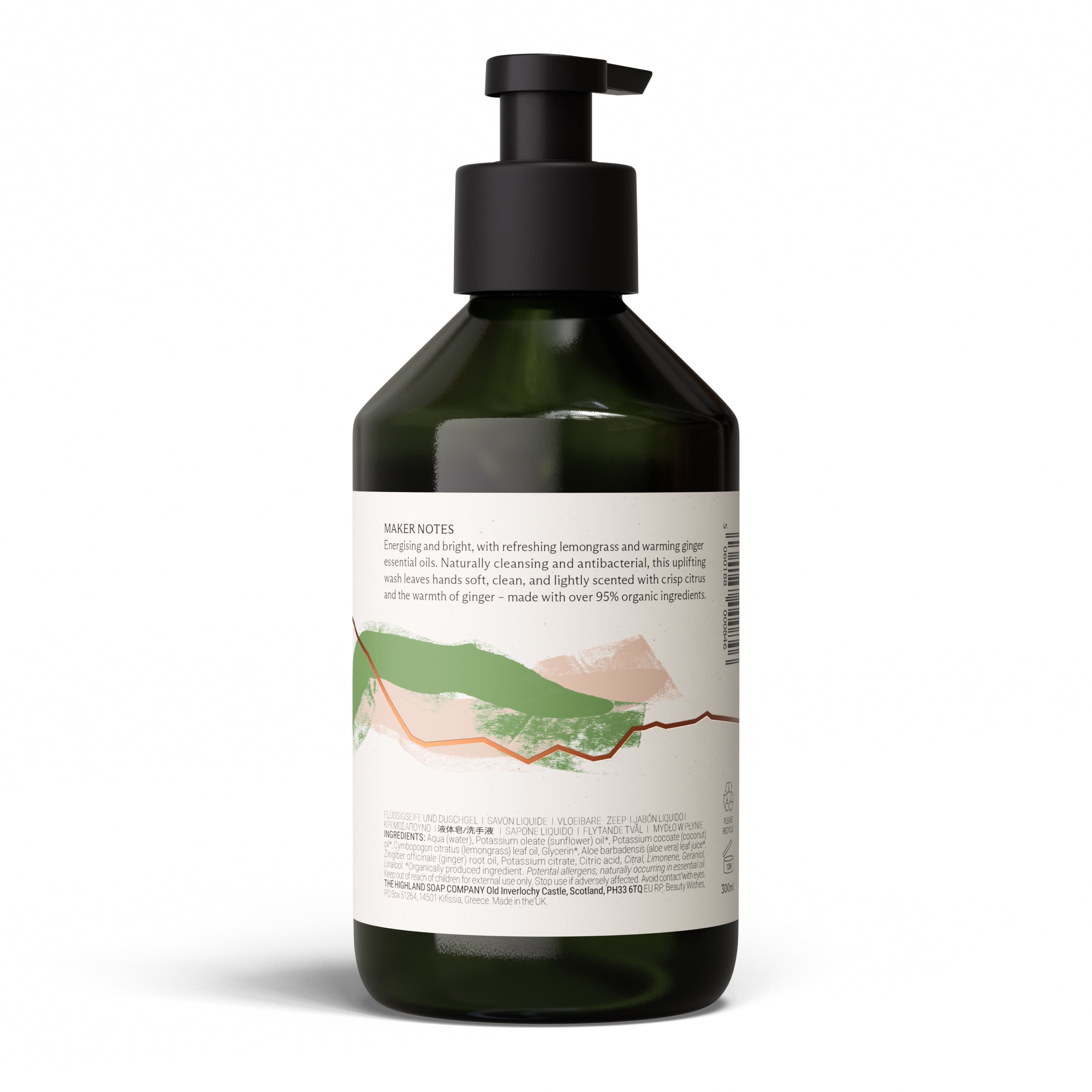 The Highland Soap Company Flüssigseife Lemongrass & Ginger 300ml — Rückseite mit Inhaltsstoffen, über 95% biologisch