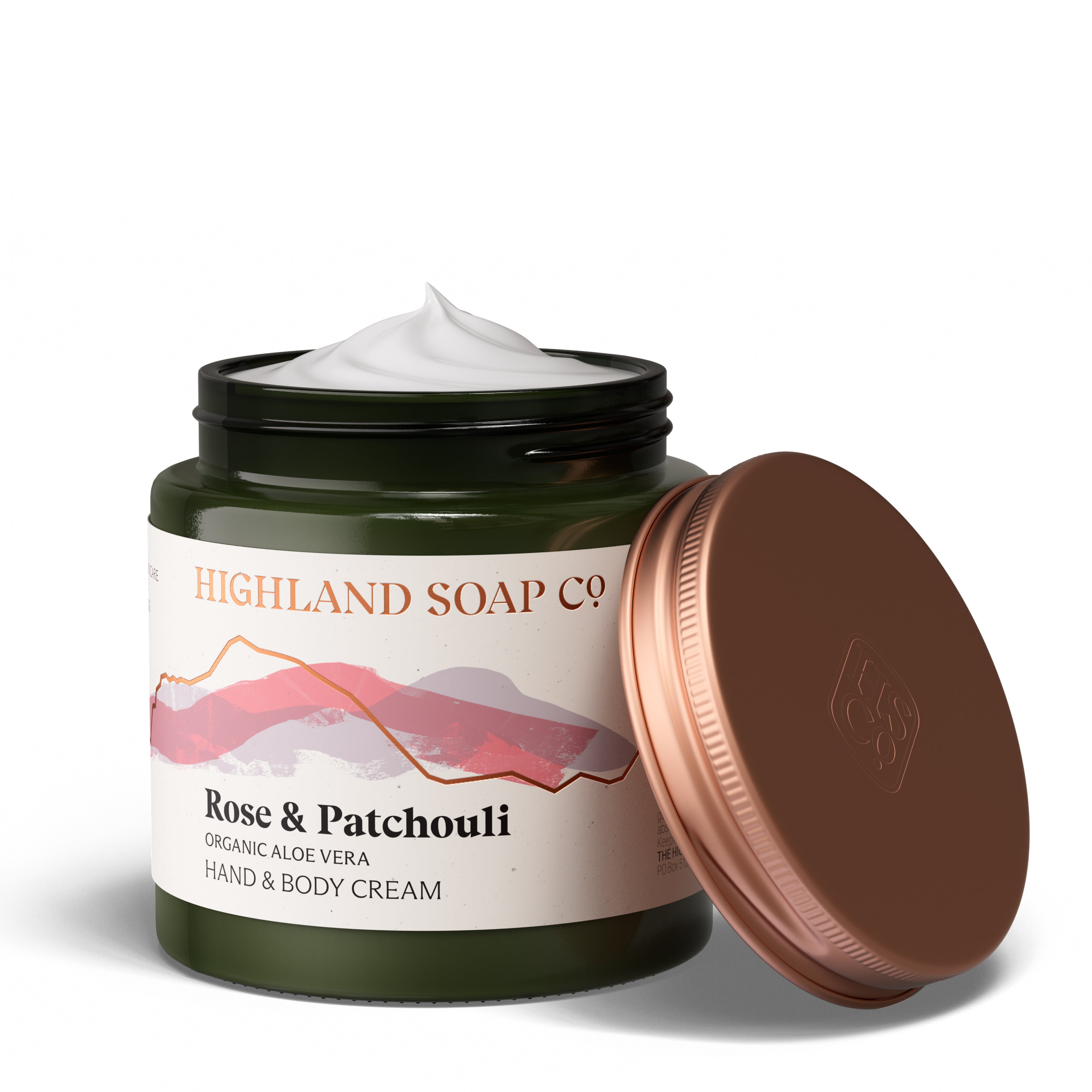 The Highland Soap Company Organic Hand & Body Cream Rose & Patchouli 120 ml — Front, with rose absolute and patchouli oil, Made in Scotland