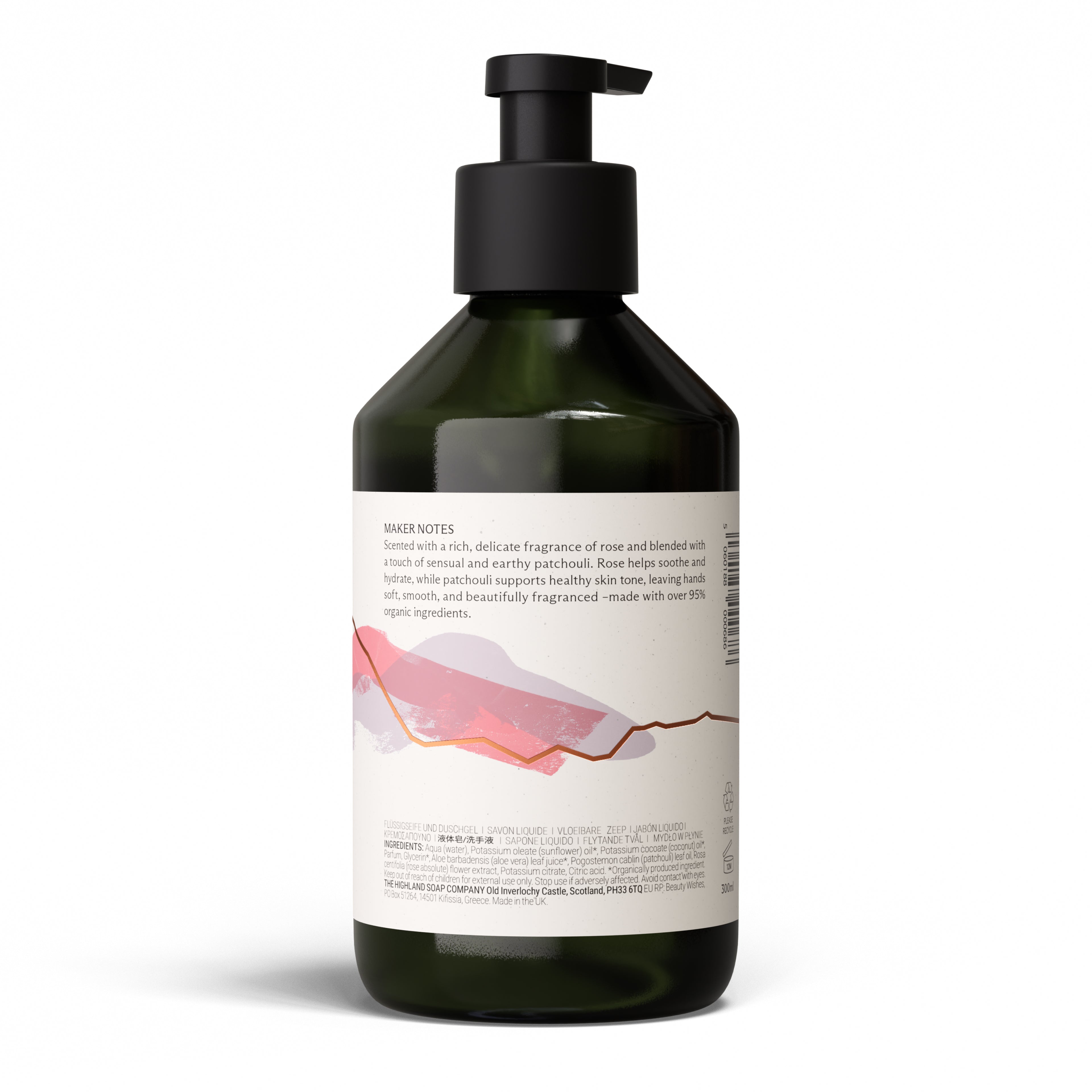 Highland Soap Company Flüssigseife Rose & Patchouli 300ml — Rückseite mit Inhaltsstoffen, Made in Scotland