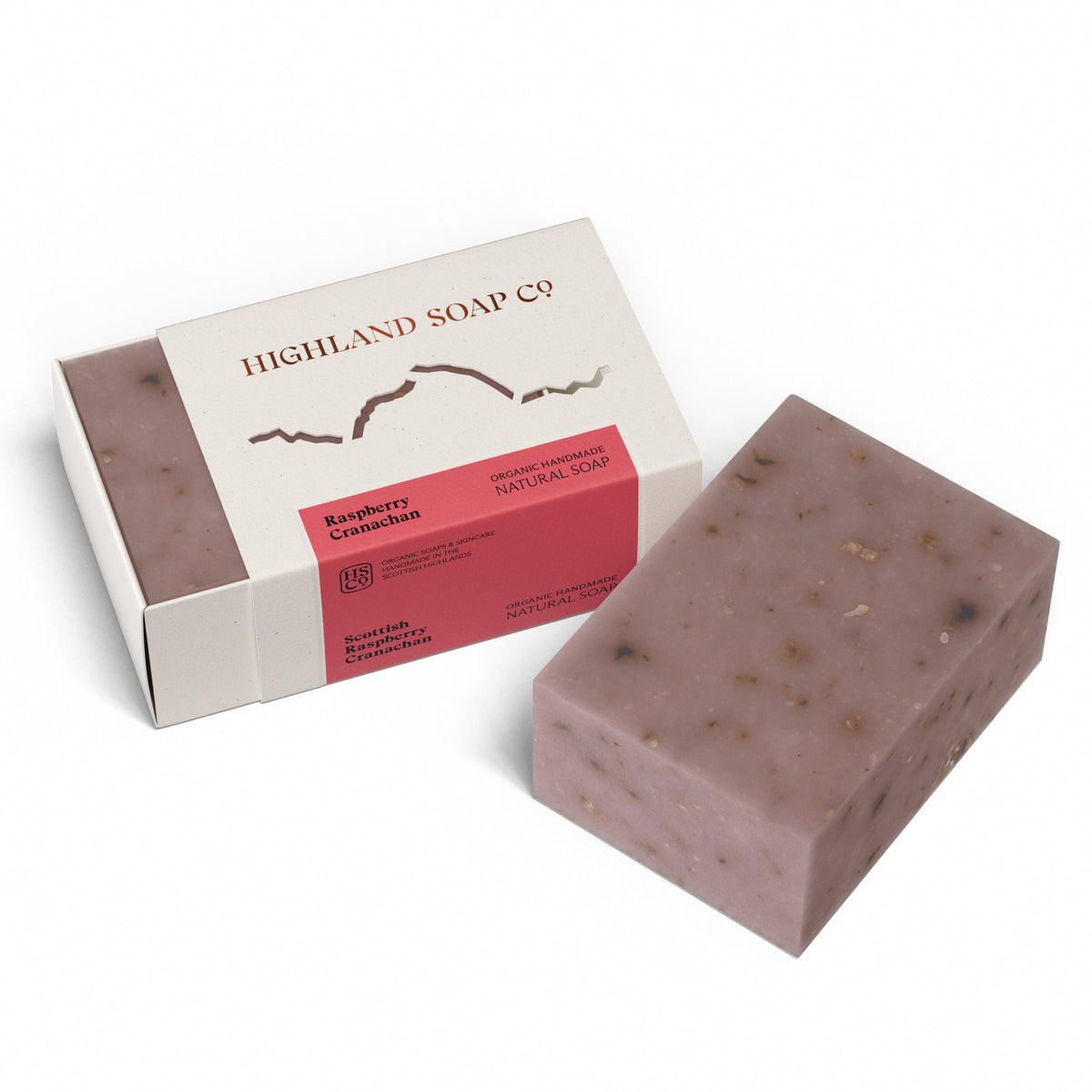 The Highland Soap Company Handgemachte Seife Scottish Raspberry Cranachan 190g — Frontansicht, Himbeere, Heidehonig und Haferflocken, Made in Scotland