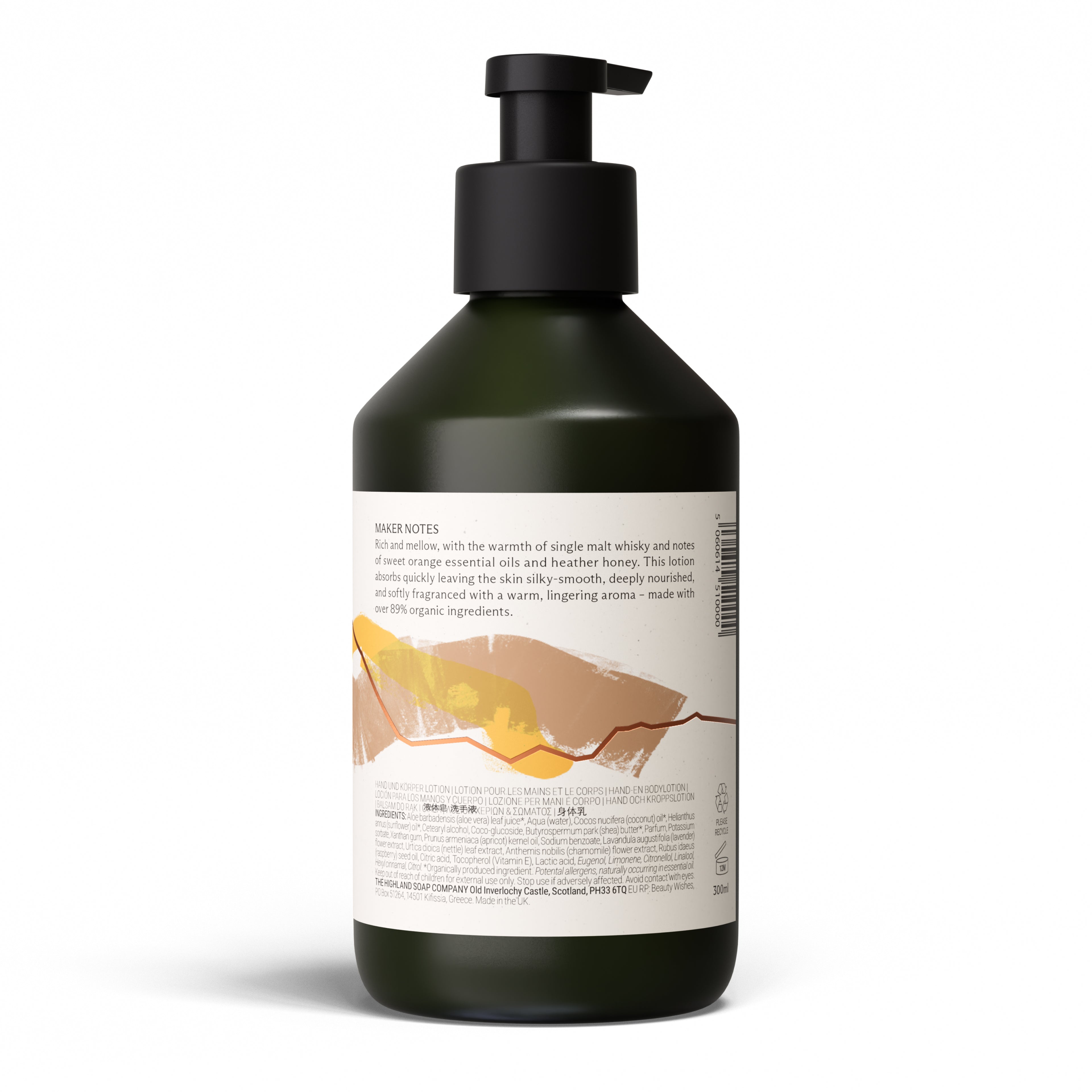 The Highland Soap Company Hand & Body Lotion Whisky & Honey 300 ml — Back label lists ingredients; over 89% organic; Made in Scotland