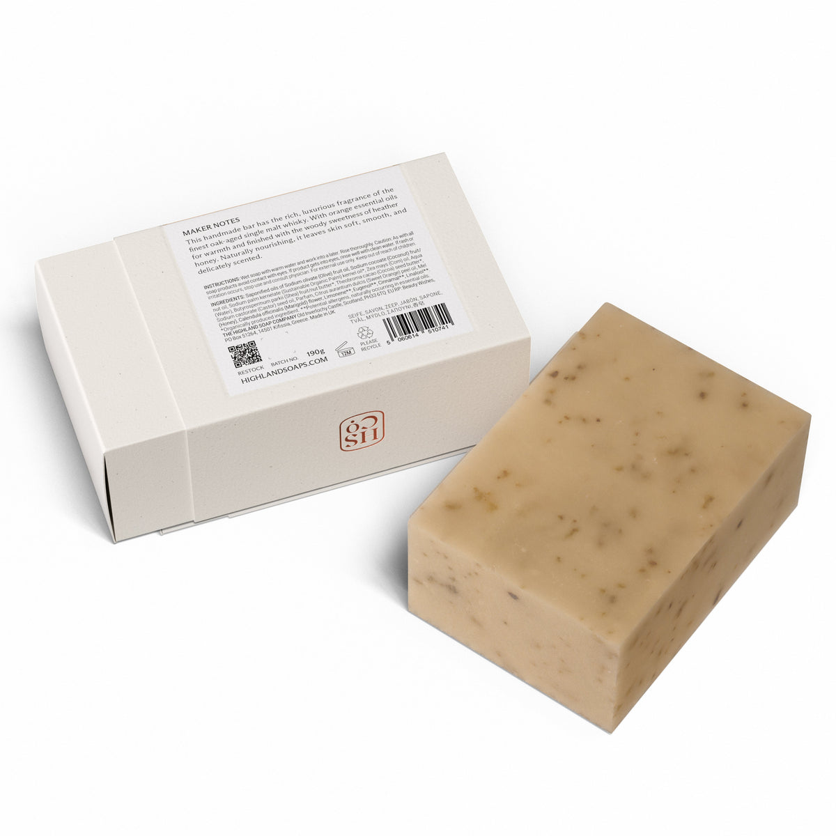 The Highland Soap Company Handgemachte Seife Whisky & Honey 190g — Rückseite mit Inhaltsstoffen und Pflegehinweisen