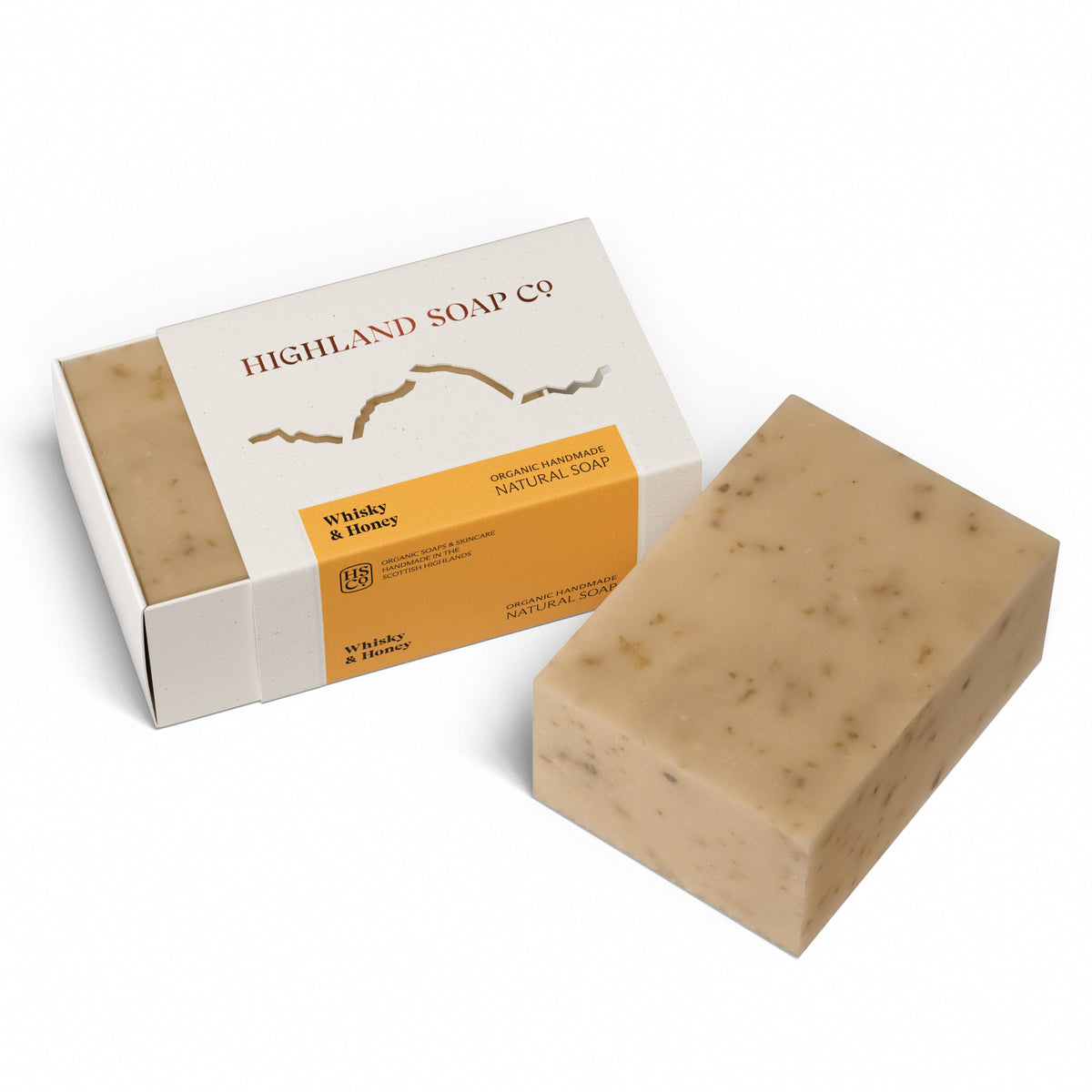 The Highland Soap Company Handgemachte Seife Whisky & Honey 190g — Frontansicht, Whisky, Heidehonig und Gerste, Made in Scotland