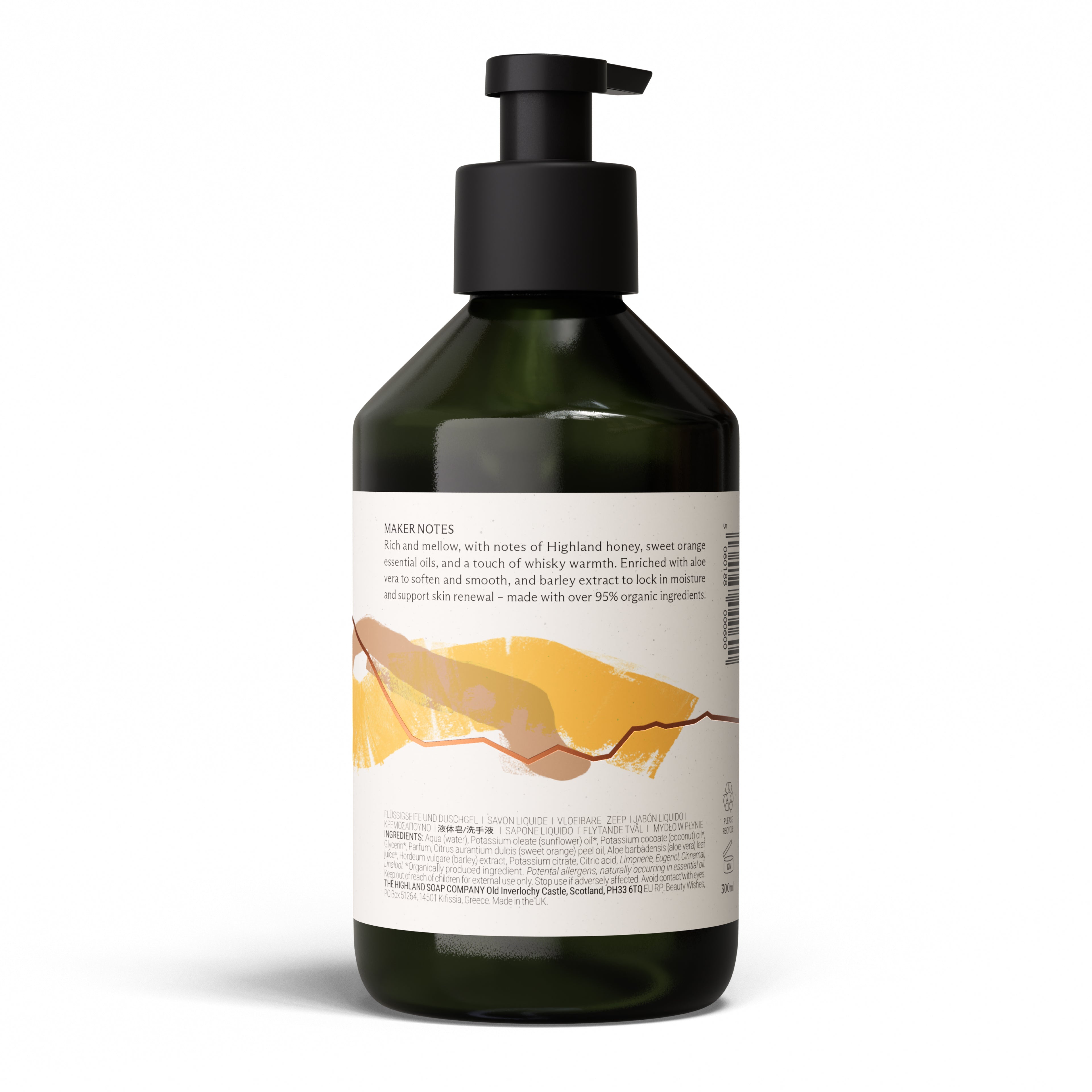 The Highland Soap Company Liquid Soap Whisky & Honey 300 ml — Back label lists ingredients; over 95% organic