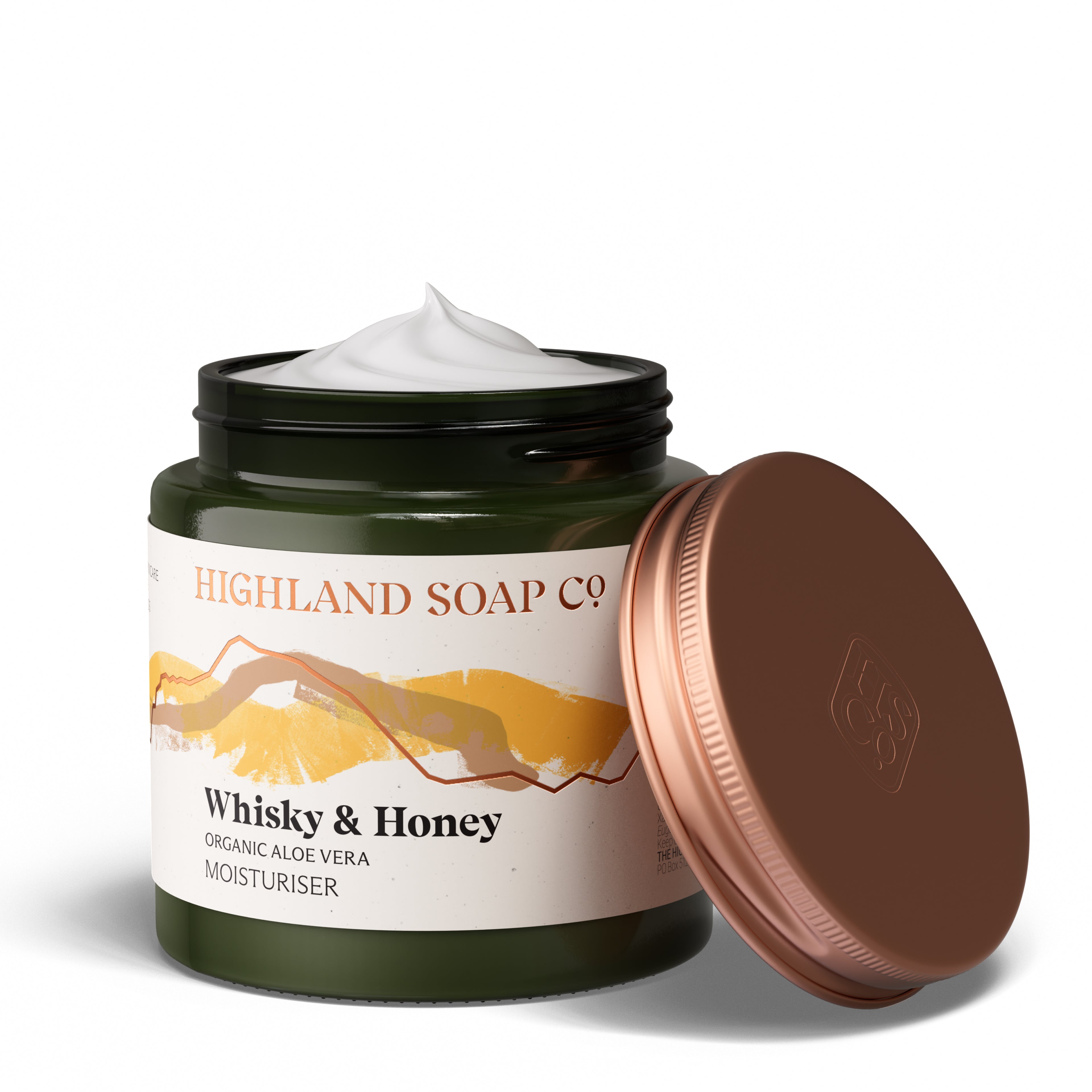 The Highland Soap Company Organic Moisturizer Whisky & Honey 120ml — Front, All-Purpose Moisturizer with Single Malt Whisky and Honey, Made in Scotland