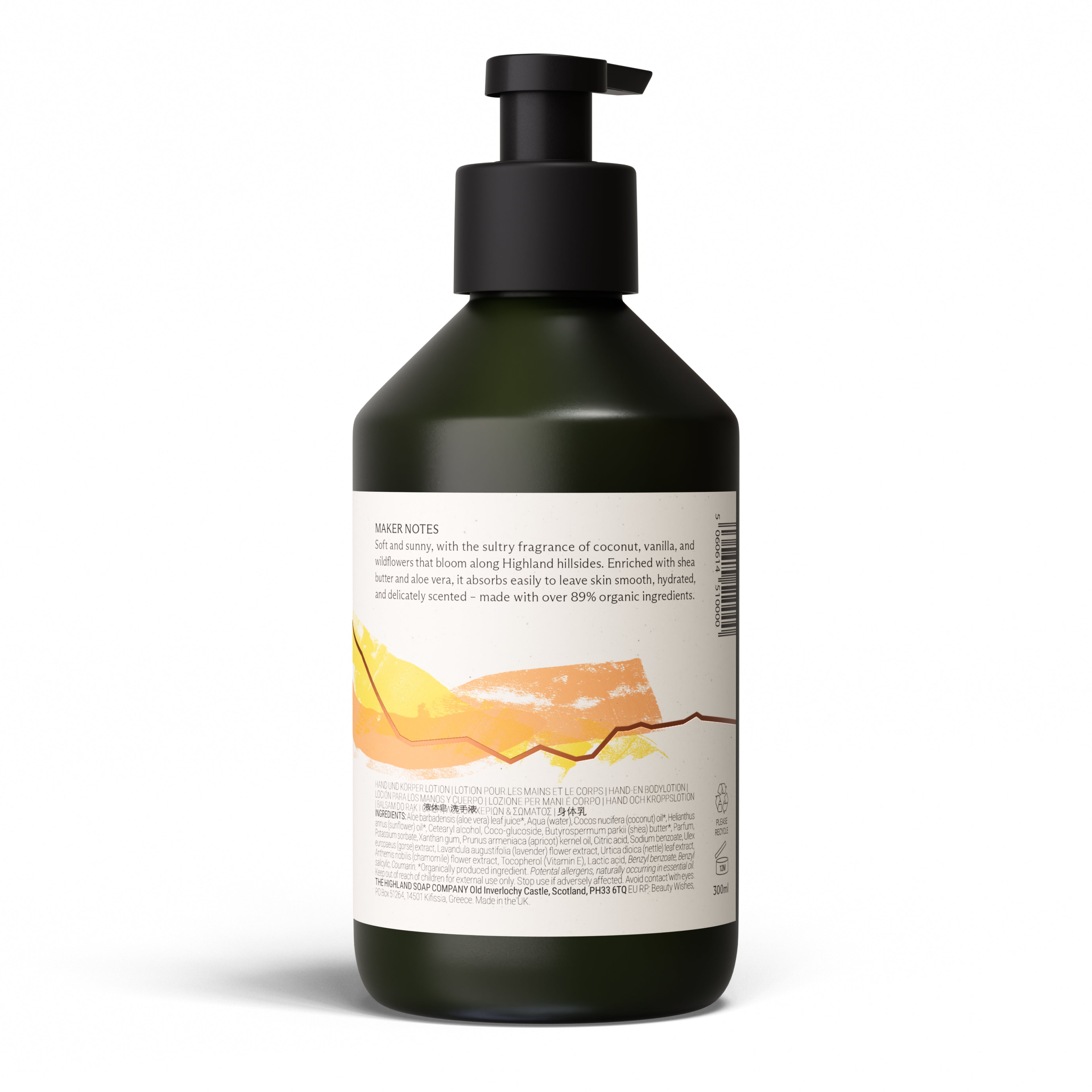 The Highland Soap Company Hand- & Körperlotion Wild Gorse & Vanilla 300 ml — Rückseite mit Inhaltsstoffen und Produktangaben