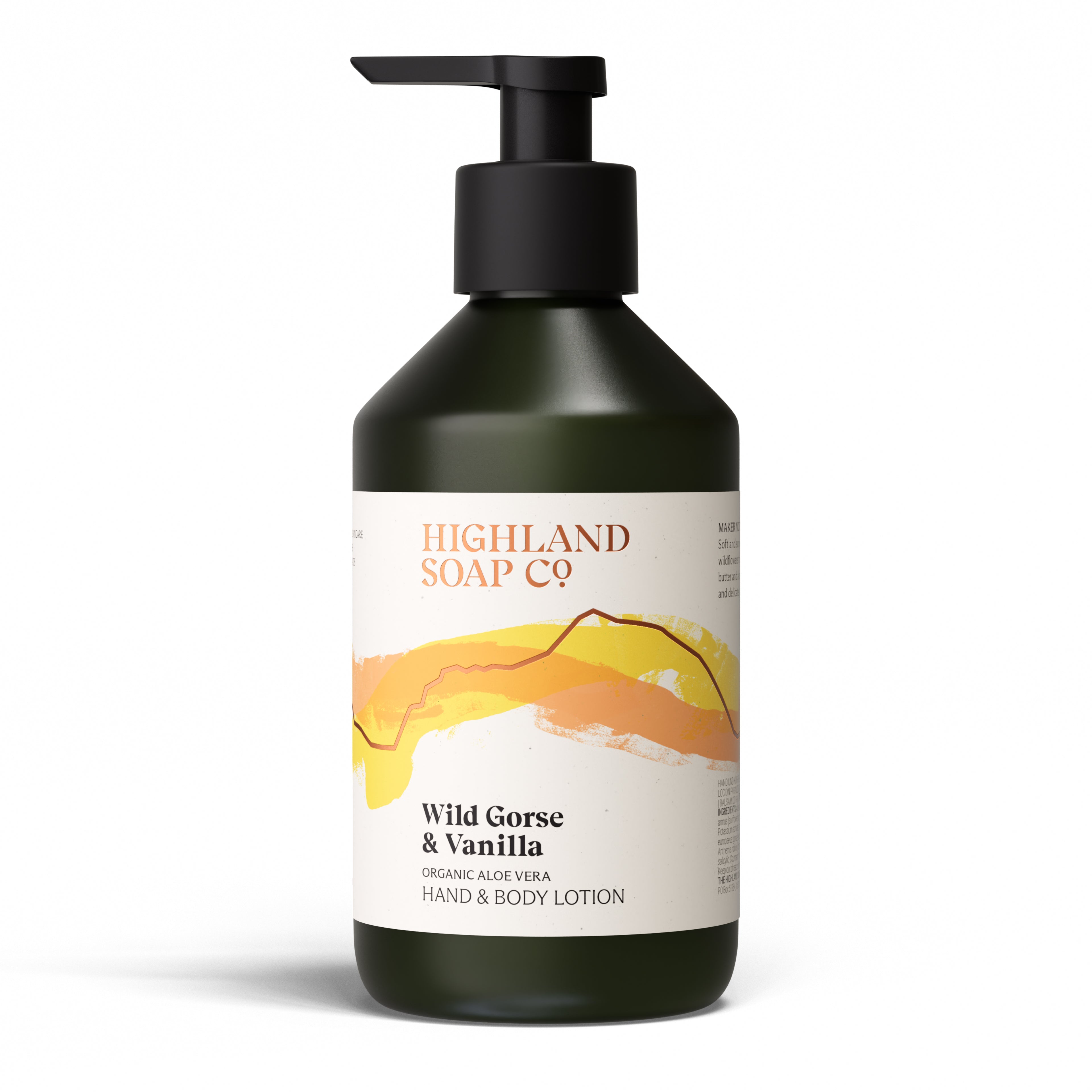 The Highland Soap Company Hand- & Körperlotion Wild Gorse & Vanilla 300 ml — Vorderansicht der Flasche mit Pumpspender, Made in Scotland