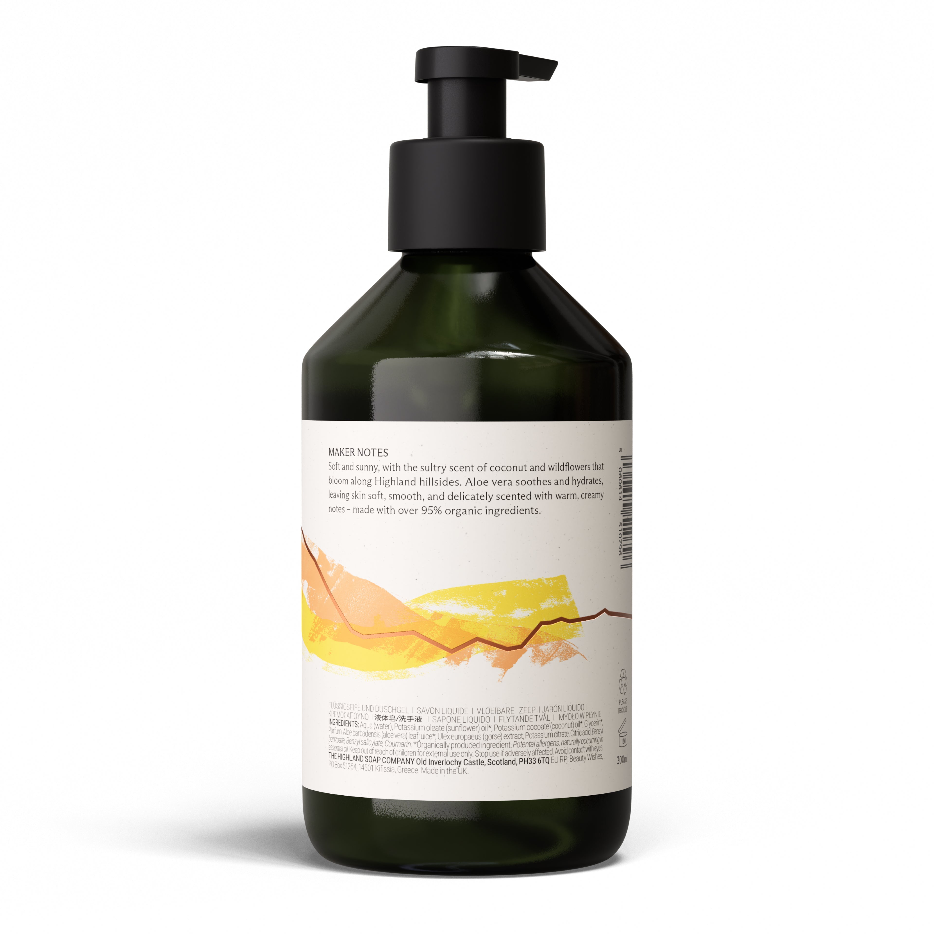 The Highland Soap Company Flüssigseife Wild Gorse & Vanilla 300 ml — Rückseite mit Inhaltsstoffen und Produktangaben