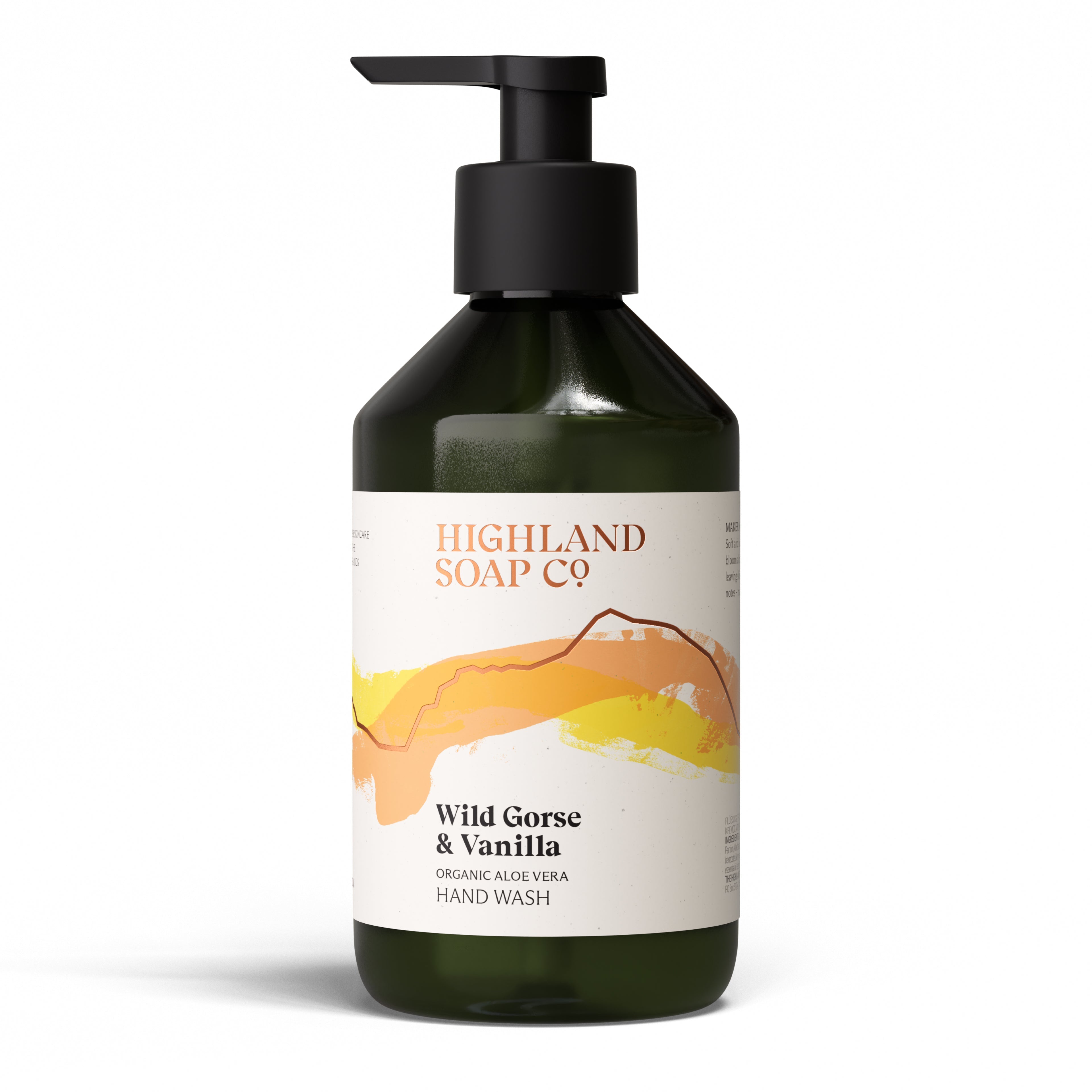 The Highland Soap Company Flüssigseife Wild Gorse & Vanilla 300 ml — Vorderansicht der Flasche mit Pumpspender, Made in Scotland