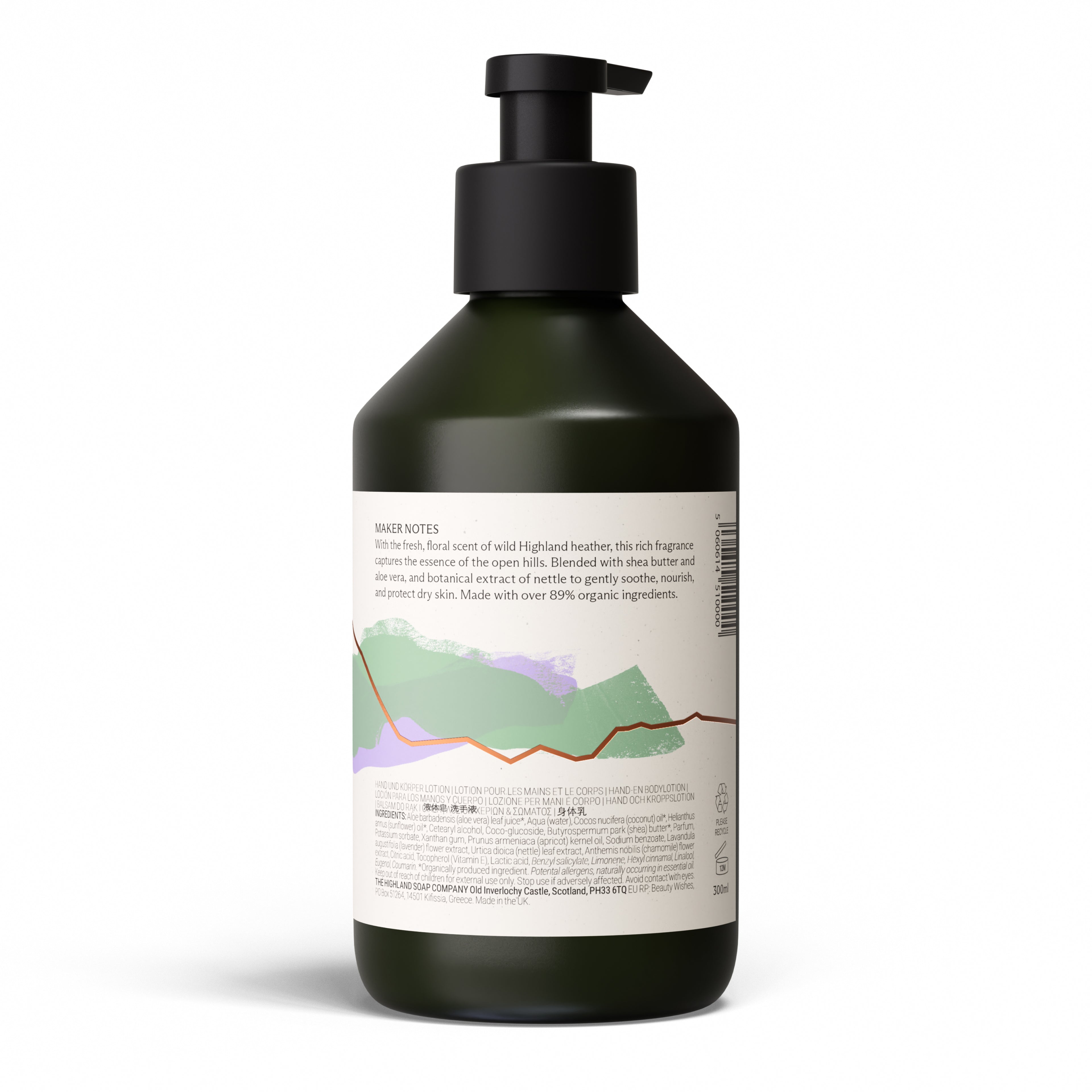 Lotion pour les mains et le corps « Wild Nettle & Heather » de l'Highland Soap Company , 300 ml — Au dos : liste des ingrédients, plus de 89 % d'ingrédients biologiques
