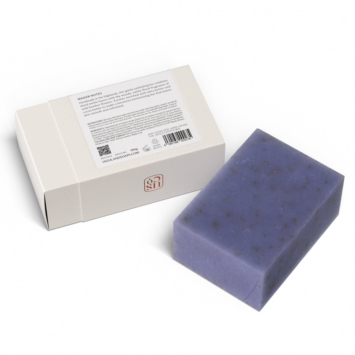 The Highland Soap Company Handgemachte Seife Wild Nettle & Heather 190g — Rückseite mit Inhaltsstoffen und Pflegehinweisen